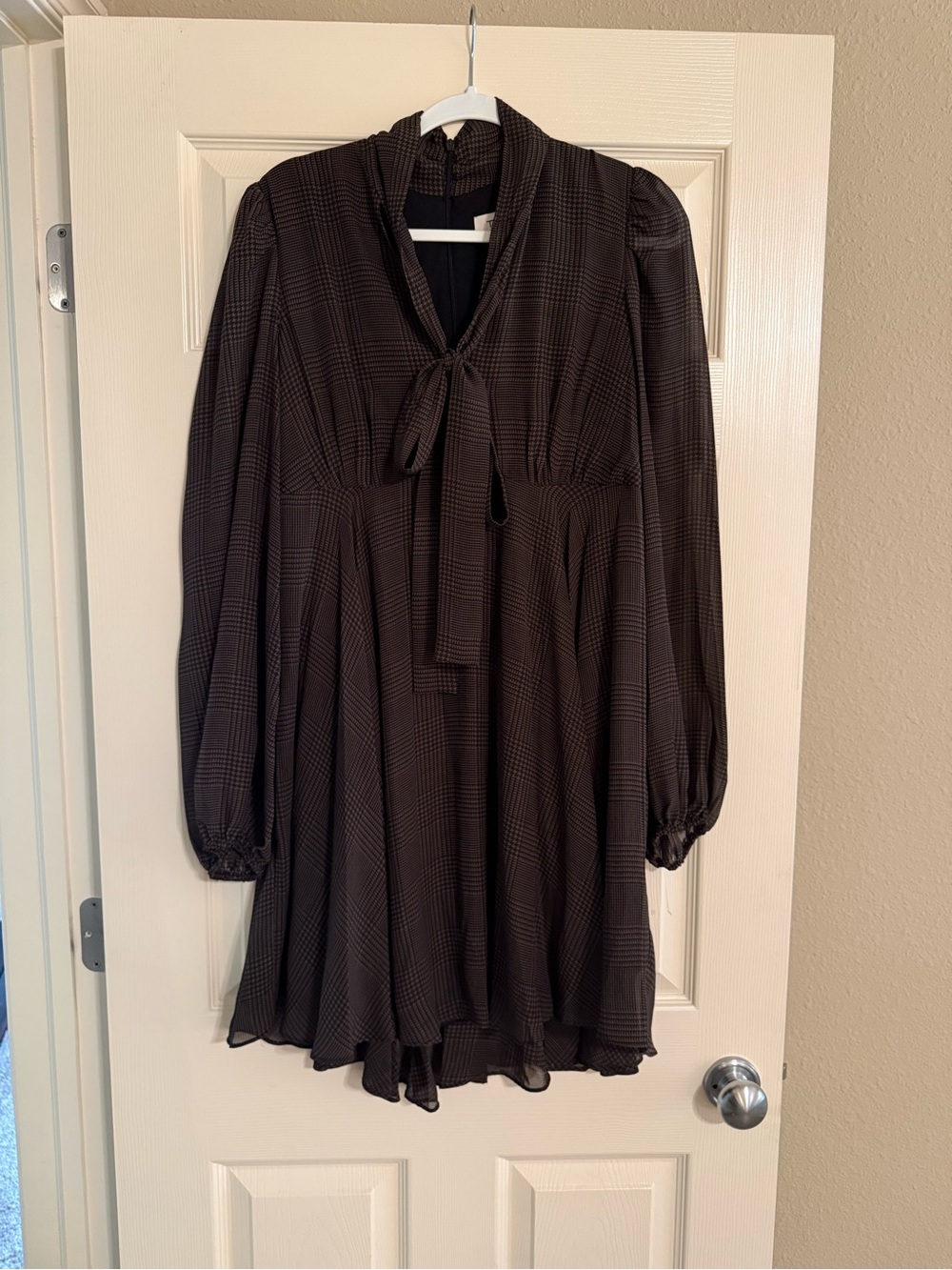 Taylor Brown Plaid Tie-Neck Long Sleeve Dress